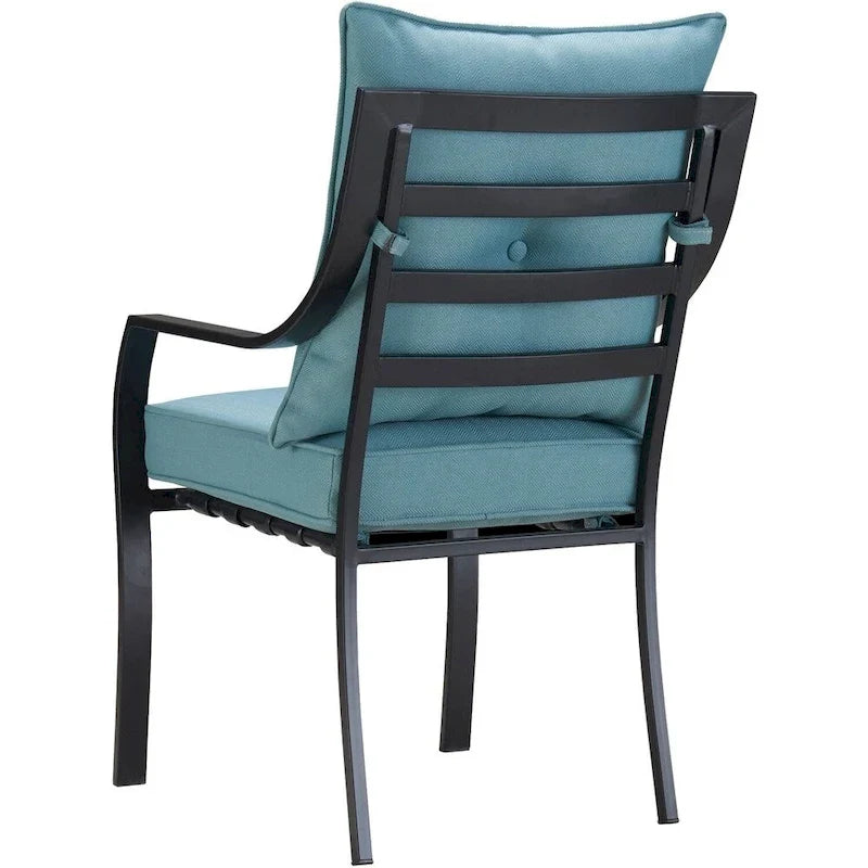 Hanover Lavallette 5-Piece Dining Set In Ocean Blue With 4 Stationary Chairs, 52-In. Round Glass-Top Table, Umbrella, And Bas