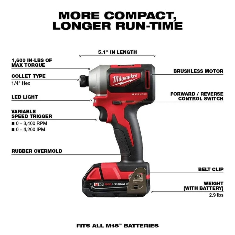 M18 18V Lithium-Ion Brushless Cordless Compact Drill/Impact Combo Kit, 2-Tool With 2 2.0Ah Batteries, Charger And Bag 2892-22