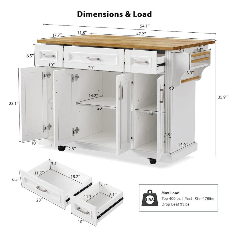 Large Kitchen Island With Wood Drop Leaf, Embossed Texture Rolling Kitchen Cart wDoors And Drawers wStorage For Kitchen, Whit
