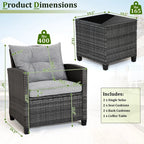 Gymax 3PCS Patio Rattan Sofa Set Outdoor Wicker Conversation Set Glass Tabletop w/Grey Cushion