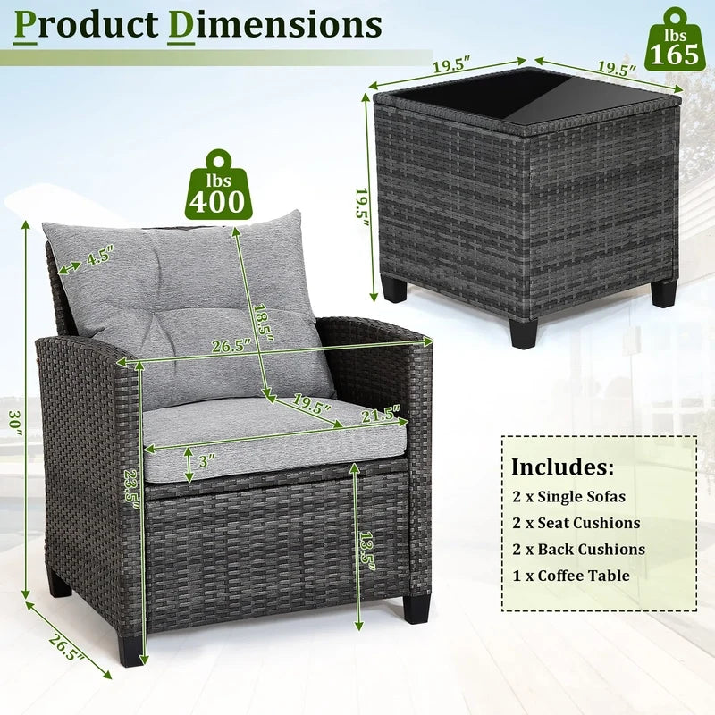 Gymax 3PCS Patio Rattan Sofa Set Outdoor Wicker Conversation Set Glass Tabletop w/Grey Cushion