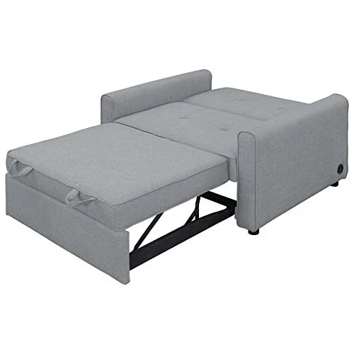 488243 Convertible Sleeper Sofa Bed, Adjustable Single Bed Chair With USB Port And 2 Pillows, Grey