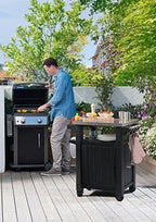 Keter Unity Portable Outdoor Table And Storage Cabinet With Hooks For Grill Accessories-Stainless Steel Top For Patio Kitchen