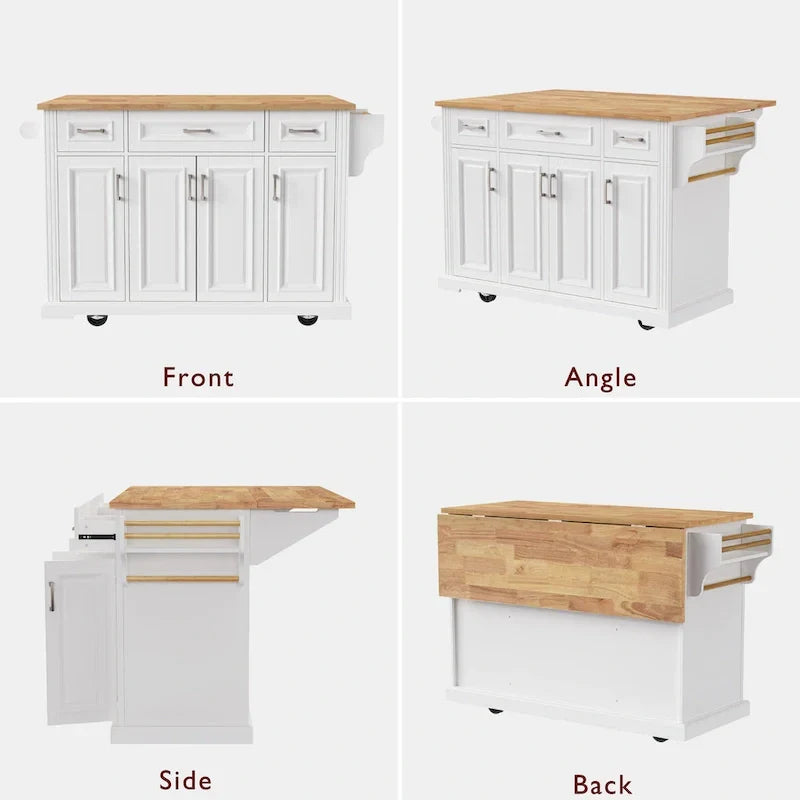 Large Kitchen Island With Wood Drop Leaf, Embossed Texture Rolling Kitchen Cart wDoors And Drawers wStorage For Kitchen, Whit
