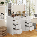 Makeup Vanity w/Tri-Fold Mirror Certified Lighting Glass Top Dresser