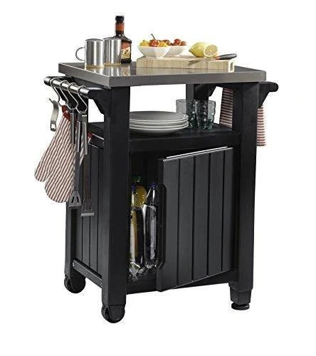 Keter Unity Portable Outdoor Table And Storage Cabinet With Hooks For Grill Accessories-Stainless Steel Top For Patio Kitchen