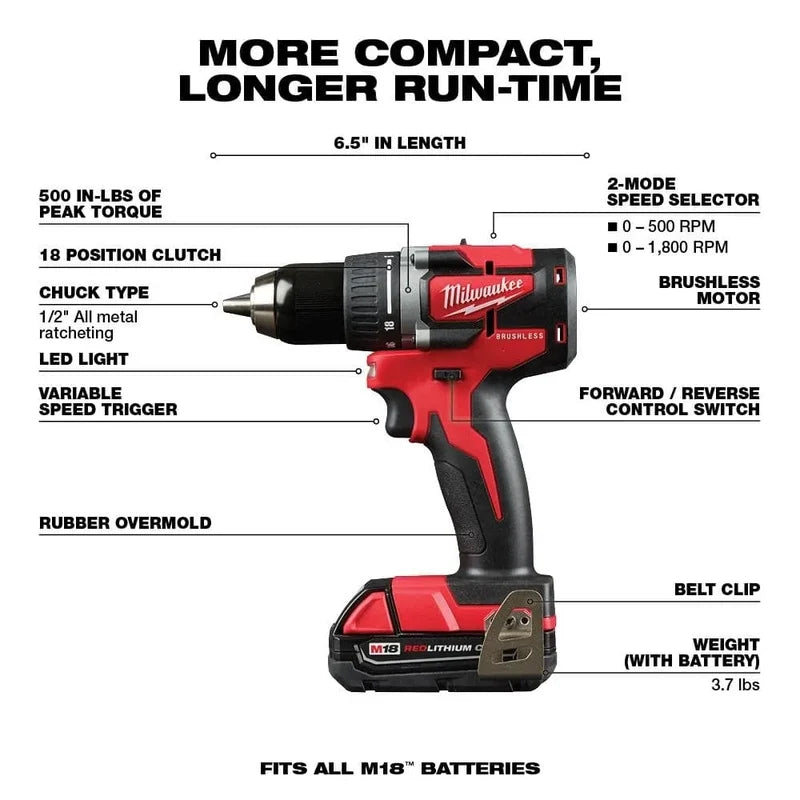 M18 18V Lithium-Ion Brushless Cordless Compact Drill/Impact Combo Kit, 2-Tool With 2 2.0Ah Batteries, Charger And Bag 2892-22
