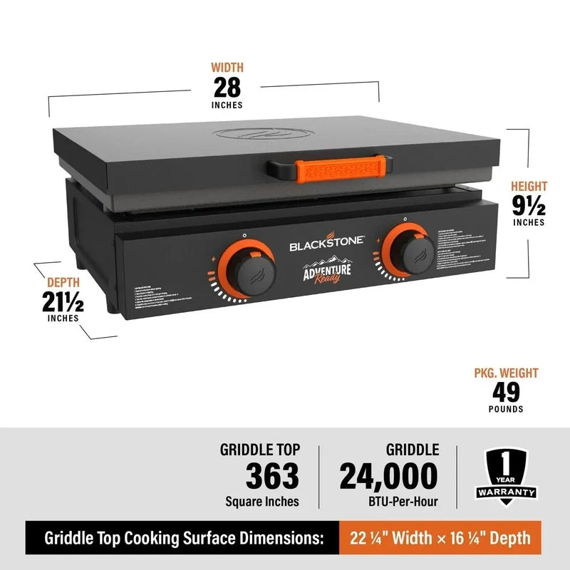 Blackstone Adventure Ready 22 In. Propane Griddle Gift Bundle, Black, Includes Griddle, Hardcover, Carry Bag, 24,000 BTU Burn