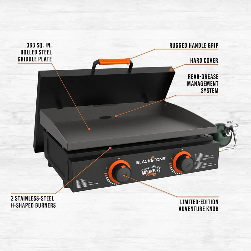 Blackstone Adventure Ready 22 In. Propane Griddle Gift Bundle, Black, Includes Griddle, Hardcover, Carry Bag, 24,000 BTU Burn