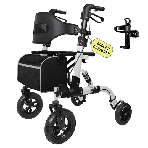 500lbs Walkers For Seniors Foldable, Heavy Duty Tall Walker With Seat, 10 In. Front Rubber Wheels, Outdoor Rollator All Terra