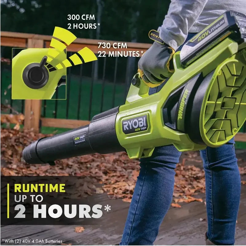 Ryobi 40V HP Brushless Whisper Series 190 MPH 730 CFM Cordless Battery Jet Fan Leaf Blower With 2 4.0 Ah Batteries And Charge