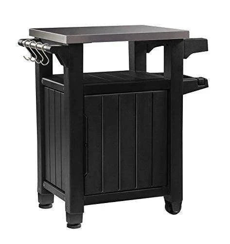 Keter Unity Portable Outdoor Table And Storage Cabinet With Hooks For Grill Accessories-Stainless Steel Top For Patio Kitchen