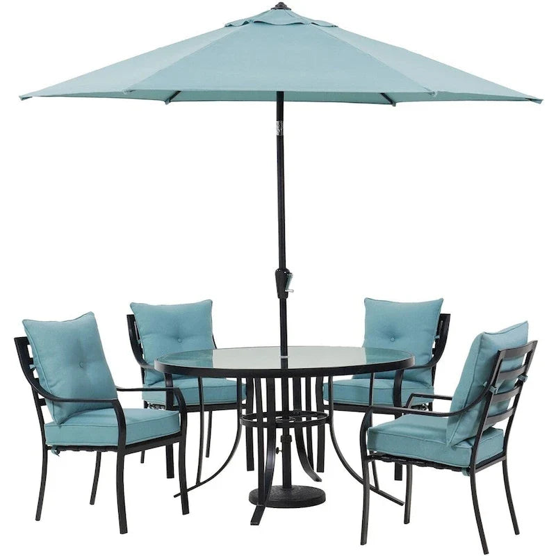 Hanover Lavallette 5-Piece Dining Set In Ocean Blue With 4 Stationary Chairs, 52-In. Round Glass-Top Table, Umbrella, And Bas