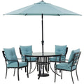 Hanover Lavallette 5-Piece Dining Set In Ocean Blue With 4 Stationary Chairs, 52-In. Round Glass-Top Table, Umbrella, And Bas
