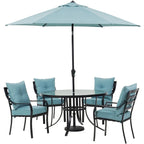 Hanover Lavallette 5-Piece Dining Set In Ocean Blue With 4 Stationary Chairs, 52-In. Round Glass-Top Table, Umbrella, And Bas