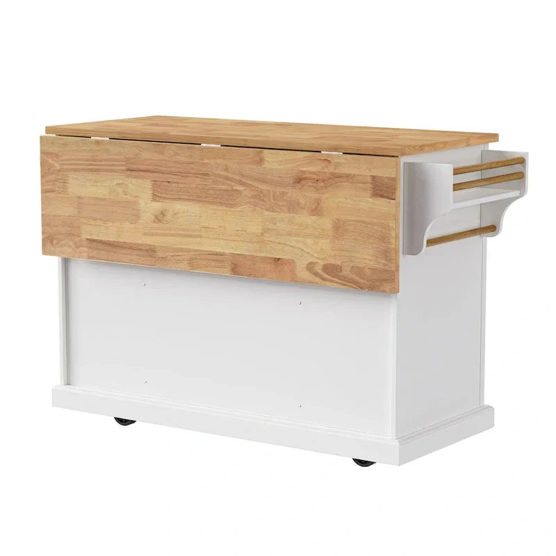 Large Kitchen Island With Wood Drop Leaf, Embossed Texture Rolling Kitchen Cart wDoors And Drawers wStorage For Kitchen, Whit