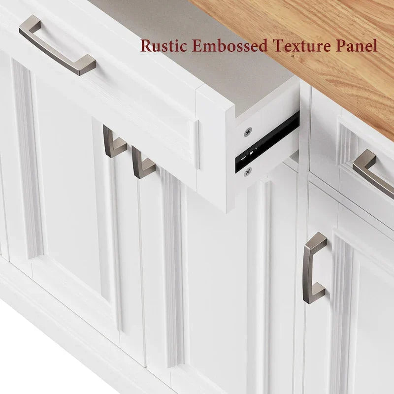 Large Kitchen Island With Wood Drop Leaf, Embossed Texture Rolling Kitchen Cart wDoors And Drawers wStorage For Kitchen, Whit