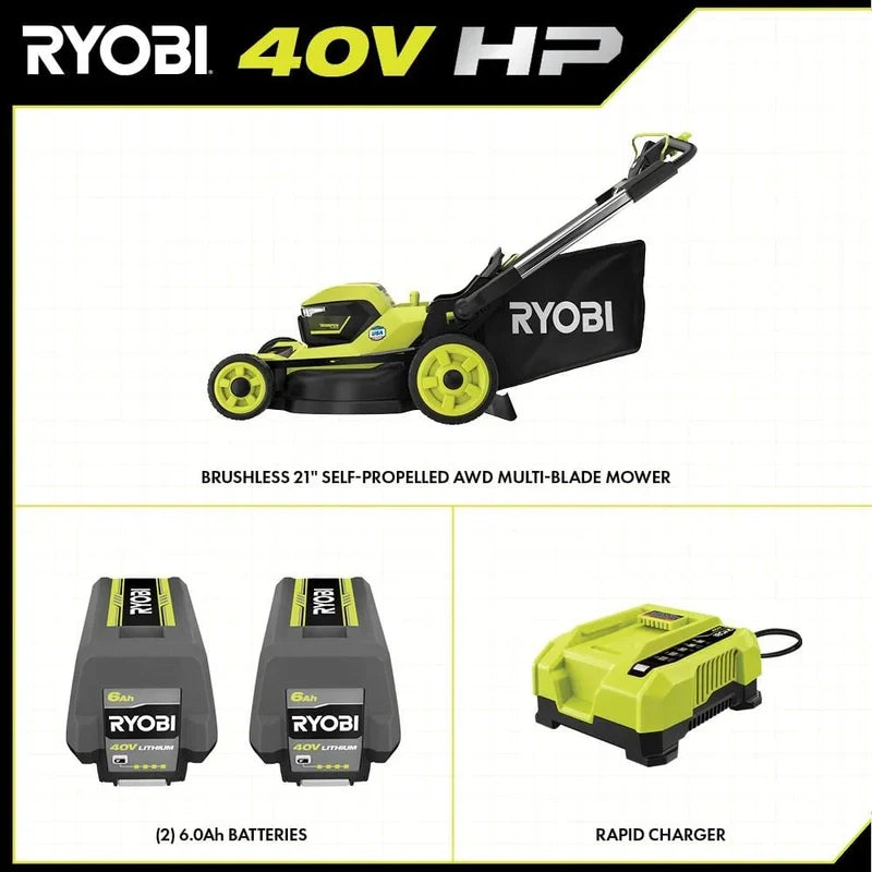 Ryobi 40V HP Brushless 21-in Self-Propelled Awd Lawn Mower, Whisper Series, Includes, 2 6.0Ah Batteries And Charger