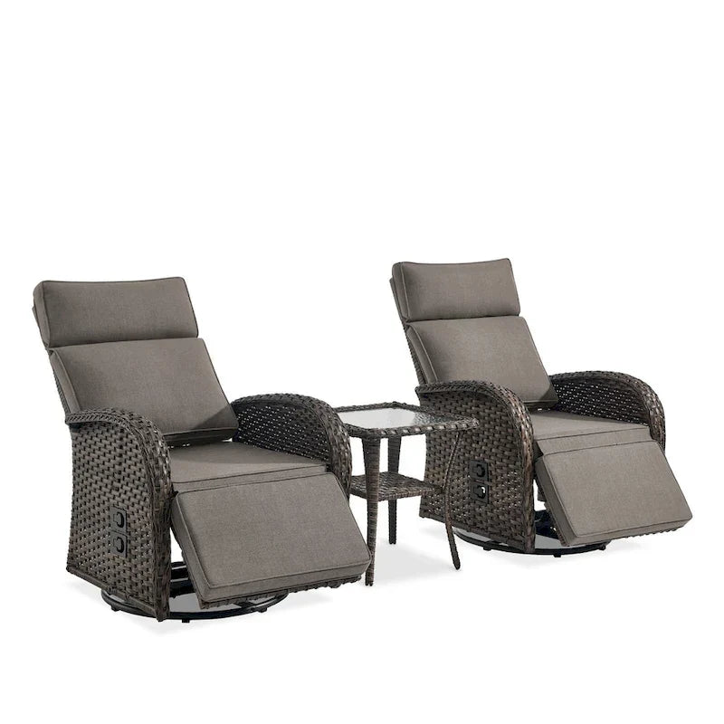 Pocassy 3PCS Versatile Outdoor Recliner Chair With Side Table Grey Cushion