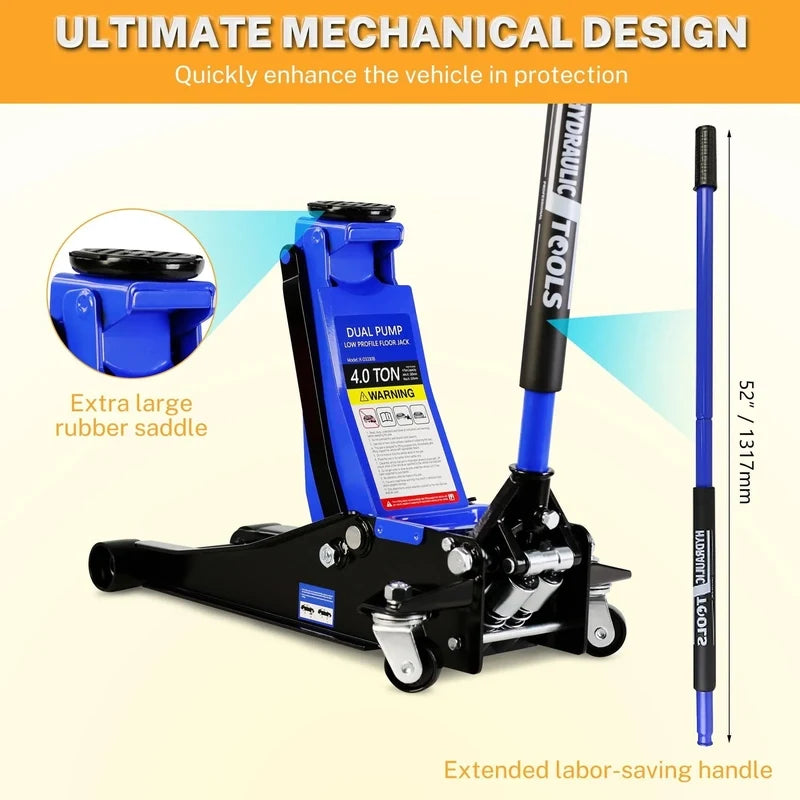 4-Ton Floor Jack, Low Profile Car Jack, Heavy-Duty Trolley Jack Car Lift With Dual Pump Pistons, Lifting Range 4 In.-21 In.