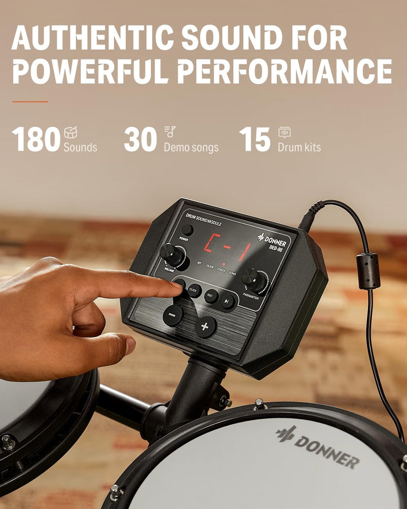 Donner DED-80 Electronic Drum Set, Electric Drum Set For Beginner With 4 Quiet Mesh Drum Pads, 2 Switch Pedal, 180 Plus Sound