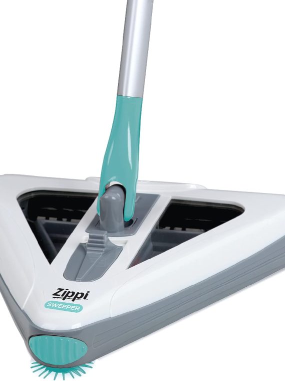 Zippi Sweeper Max, Powerful And Lightweight Sweeper For Carpet Hardwood And Tile Triangular Design Allows For Sweeping In Cor