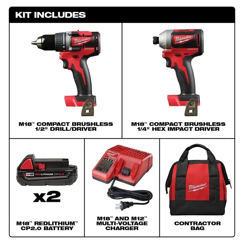 M18 18V Lithium-Ion Brushless Cordless Compact Drill/Impact Combo Kit, 2-Tool With 2 2.0Ah Batteries, Charger And Bag 2892-22