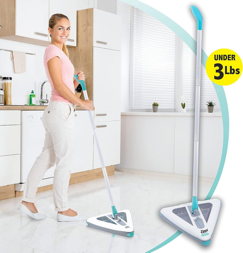 Zippi Sweeper Max, Powerful And Lightweight Sweeper For Carpet Hardwood And Tile Triangular Design Allows For Sweeping In Cor