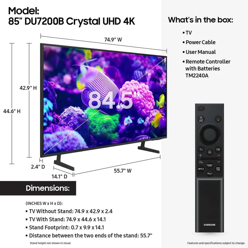 Samsung 85 Crystal UHD 4K Smart TV DU7200B With PurColor, HDR And Tizen OS, 2024 Model