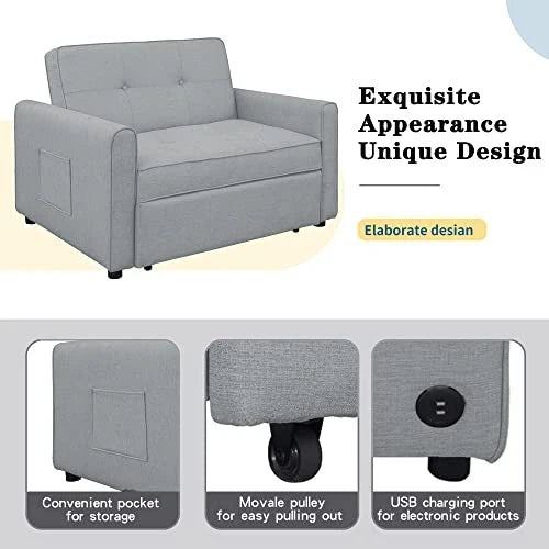 488243 Convertible Sleeper Sofa Bed, Adjustable Single Bed Chair With USB Port And 2 Pillows, Grey