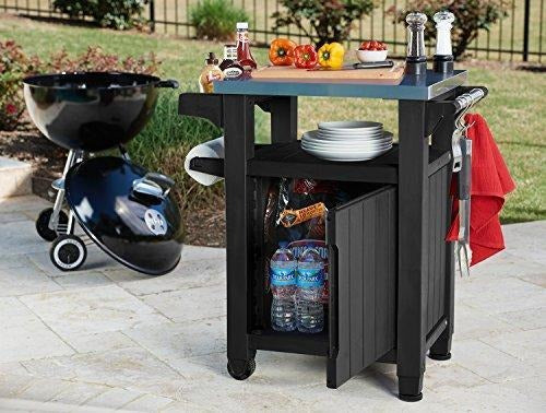 Keter Unity Portable Outdoor Table And Storage Cabinet With Hooks For Grill Accessories-Stainless Steel Top For Patio Kitchen