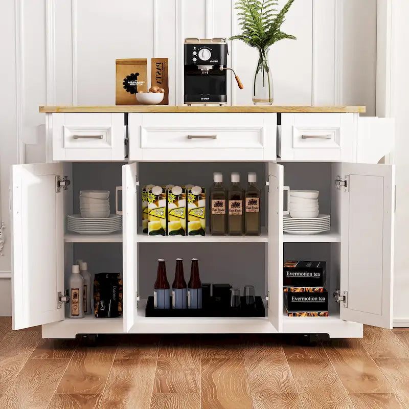 Large Kitchen Island With Wood Drop Leaf, Embossed Texture Rolling Kitchen Cart wDoors And Drawers wStorage For Kitchen, Whit