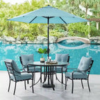 Hanover Lavallette 5-Piece Dining Set In Ocean Blue With 4 Stationary Chairs, 52-In. Round Glass-Top Table, Umbrella, And Bas