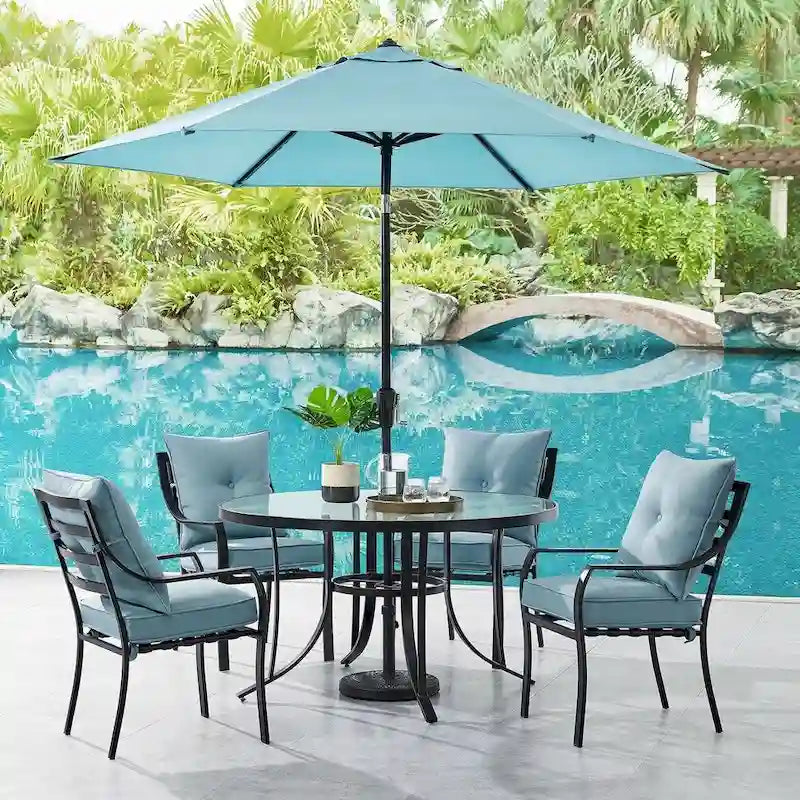 Hanover Lavallette 5-Piece Dining Set In Ocean Blue With 4 Stationary Chairs, 52-In. Round Glass-Top Table, Umbrella, And Bas