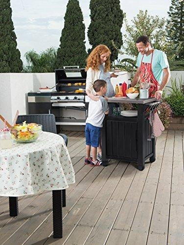 Keter Unity Portable Outdoor Table And Storage Cabinet With Hooks For Grill Accessories-Stainless Steel Top For Patio Kitchen