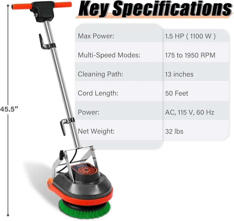 Commercial Floor Scrubber With Brushes And Pads, Heavy Duty Buffer And Cleaner For Tile And Grout