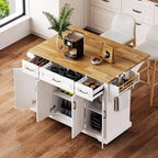 Large Kitchen Island With Wood Drop Leaf, Embossed Texture Rolling Kitchen Cart wDoors And Drawers wStorage For Kitchen, Whit