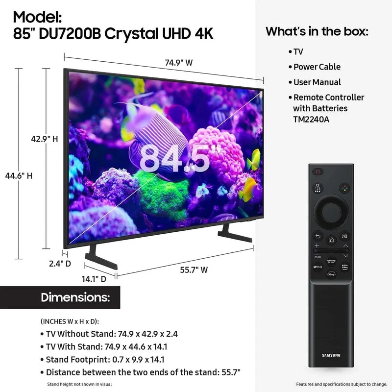 Samsung 85 In. DU7200B Crystal UHD 4K Smart TV With HDR, Motion Xcelerator, And Object Tracking Sound Lite