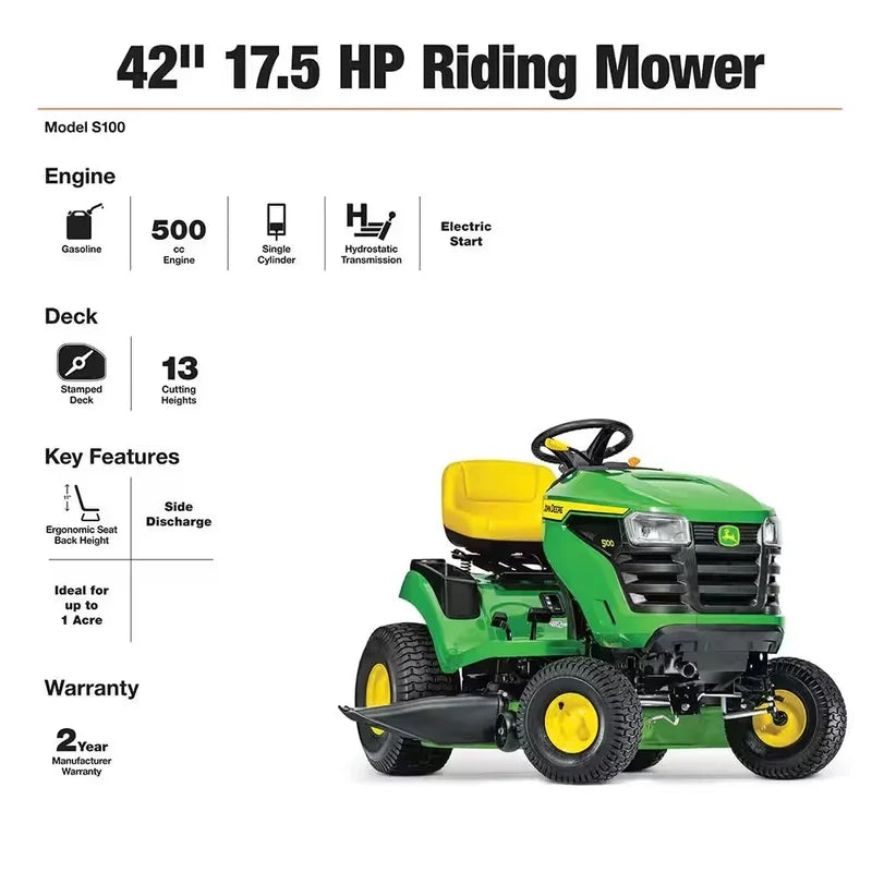 John Deere S100 Ride-On Lawnmower, 107 Cm, 42 In. Cutting Width, 17.5 Hp Petrol Hydrostatic Drive