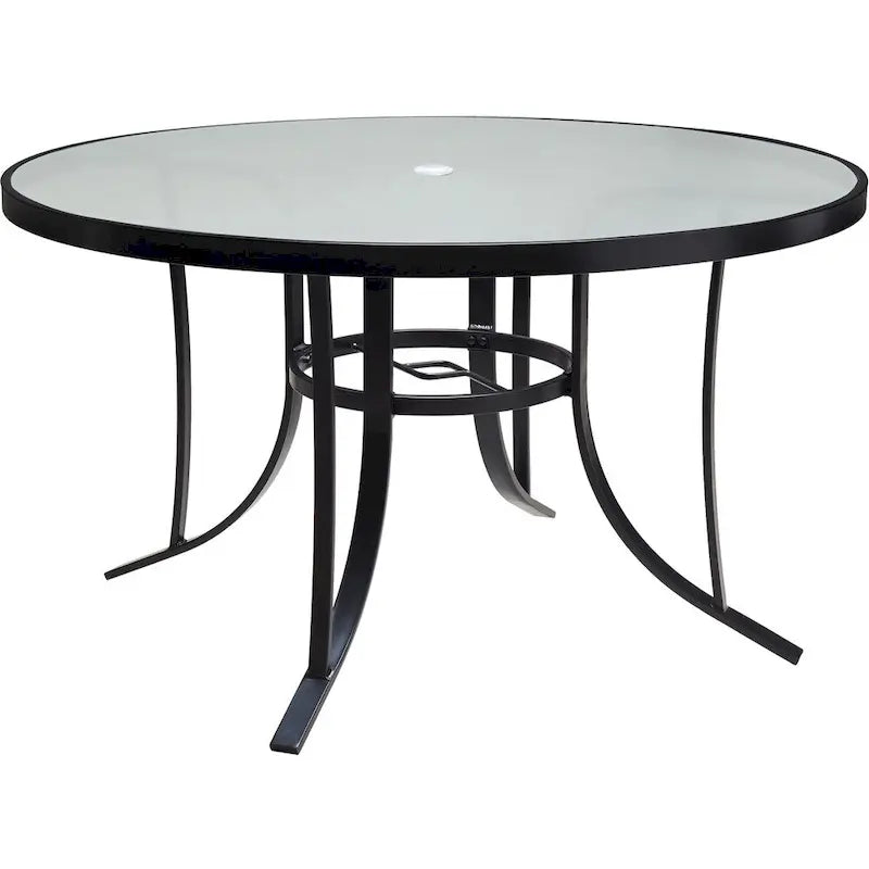 Hanover Lavallette 5-Piece Dining Set In Ocean Blue With 4 Stationary Chairs, 52-In. Round Glass-Top Table, Umbrella, And Bas