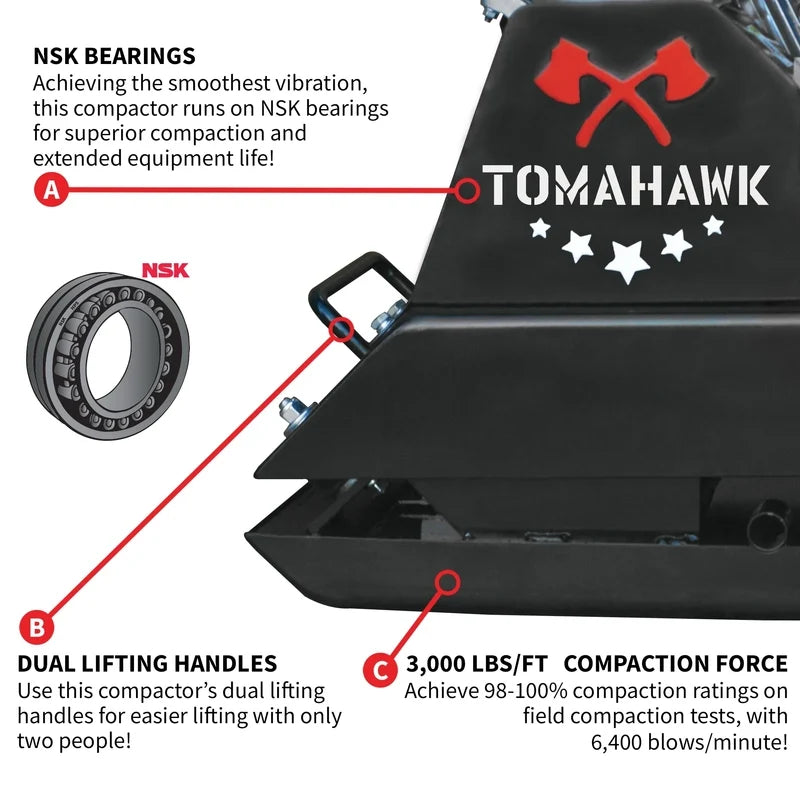 Tomahawk Power Plate Compactor 5.5 HP, 3000 Lbs/Ft, 63cc, Gas, 17 x 13 Plate Compactor, 5900 Vpm