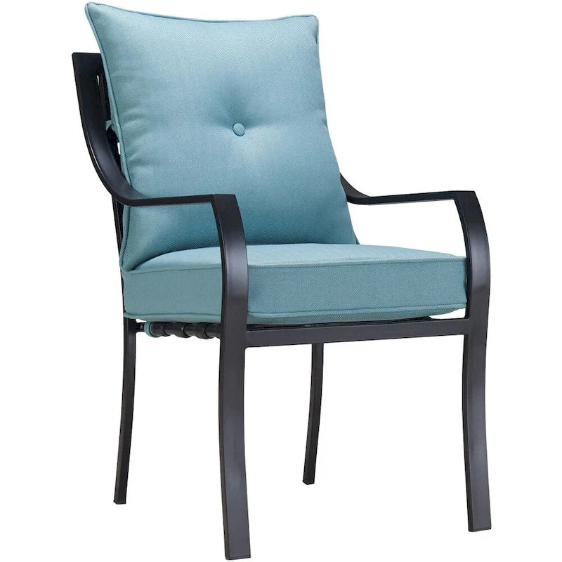 Hanover Lavallette 5-Piece Dining Set In Ocean Blue With 4 Stationary Chairs, 52-In. Round Glass-Top Table, Umbrella, And Bas