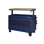 Heavy-Duty 52 In. 9-Drawer Mobile Workbench With Adjustable-Height Solid Wood Top In Matte Blue