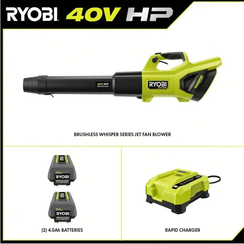 Ryobi 40V HP Brushless Whisper Series 190 MPH 730 CFM Cordless Battery Jet Fan Leaf Blower With 2 4.0 Ah Batteries And Charge