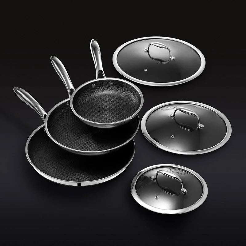 HexClad 6 Piece Hybrid Stainless Steel Cookware Pan Set 8 In., 10 In., 12 In. With Glass Lids, Size, One Size, Black