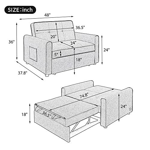 488243 Convertible Sleeper Sofa Bed, Adjustable Single Bed Chair With USB Port And 2 Pillows, Grey
