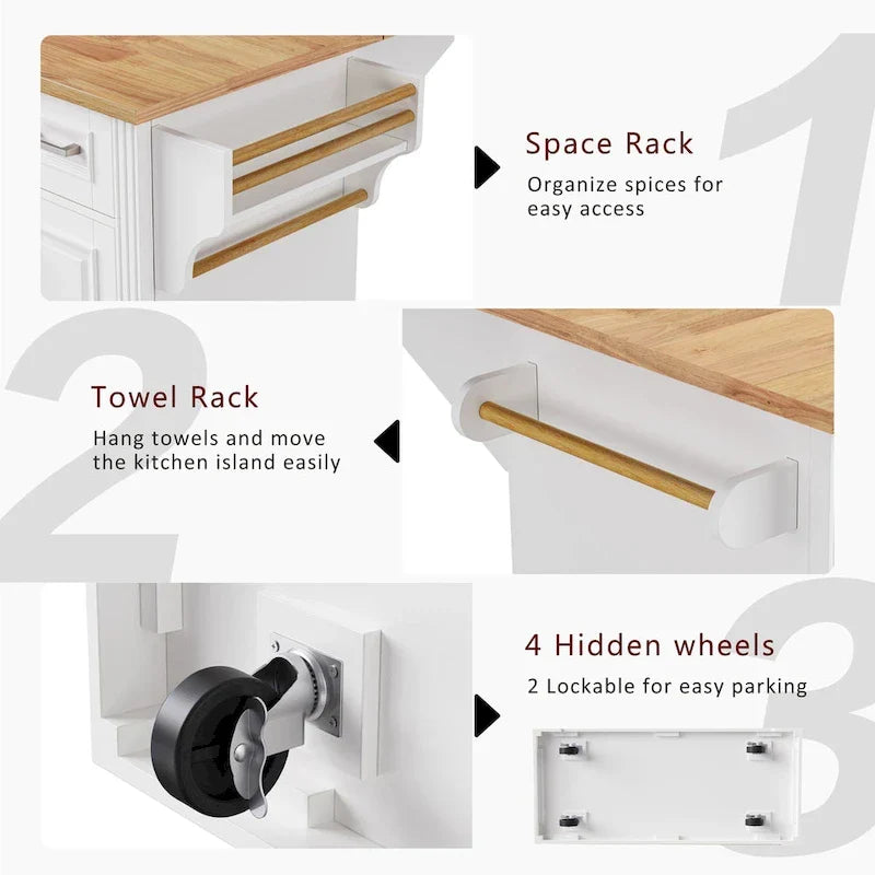 Large Kitchen Island With Wood Drop Leaf, Embossed Texture Rolling Kitchen Cart wDoors And Drawers wStorage For Kitchen, Whit