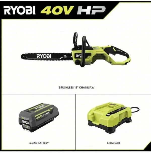 Ryobi 18 40V Cordless Chainsaw Kit With Battery And Charger, Green