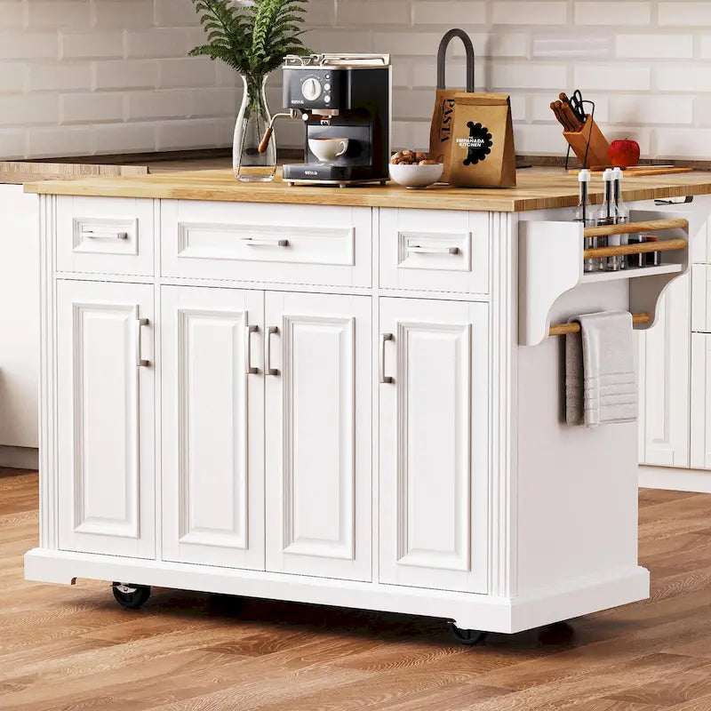 Large Kitchen Island With Wood Drop Leaf, Embossed Texture Rolling Kitchen Cart wDoors And Drawers wStorage For Kitchen, Whit