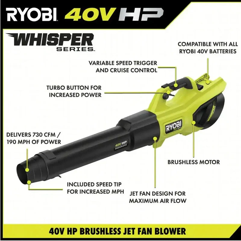 Ryobi 40V HP Brushless Whisper Series 190 MPH 730 CFM Cordless Battery Jet Fan Leaf Blower With 2 4.0 Ah Batteries And Charge